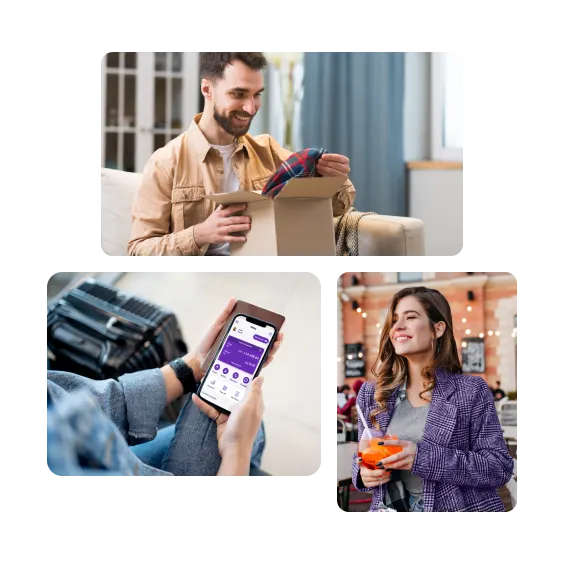 Personas comprando en tiendas físicas y online con tarjeta Prex usando su saldo en dólares