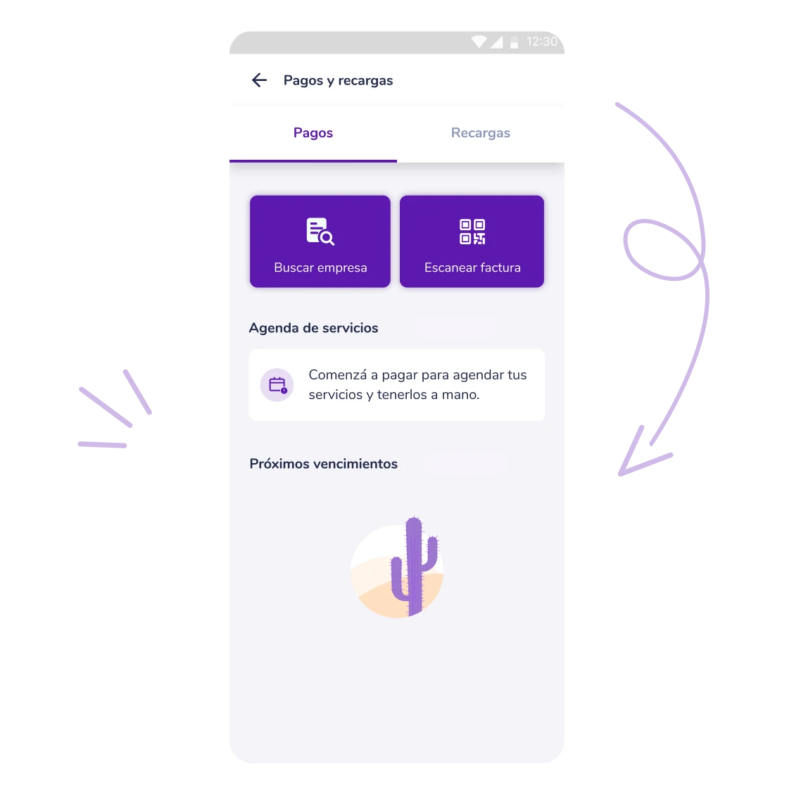 Pantalla de la App Prex mostrando opciones para pagar servicios y escanear facturas