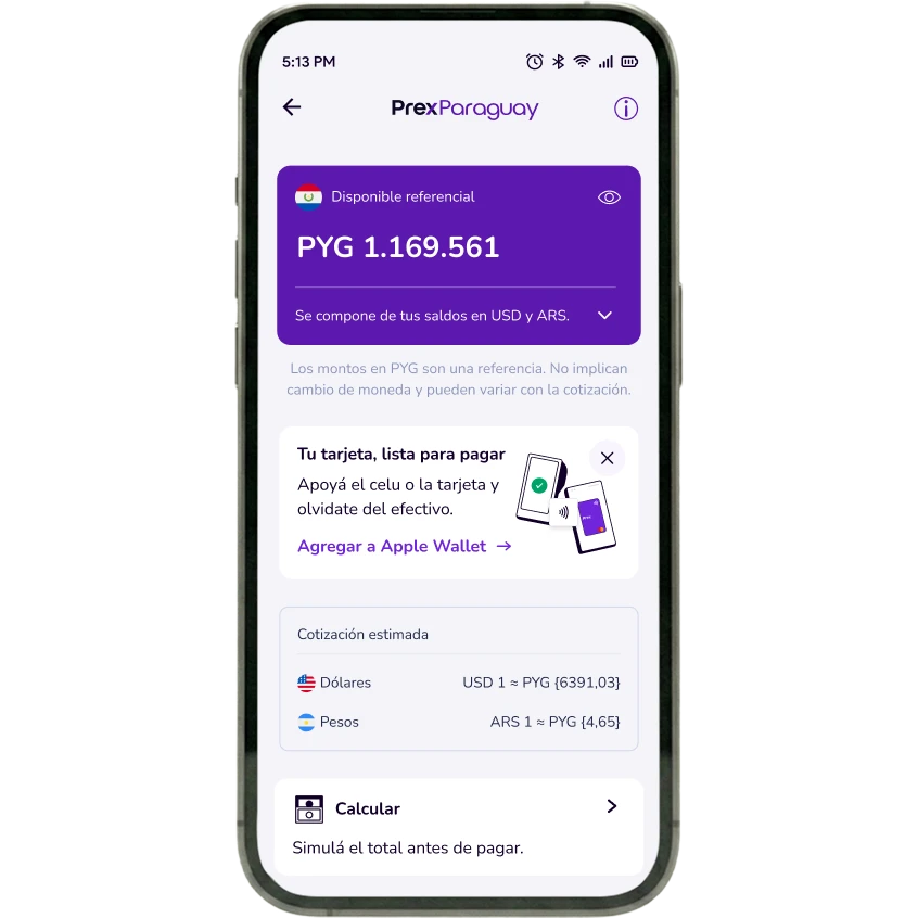 Captura de pantalla de la App Prex mostrando el Prex Paraguay