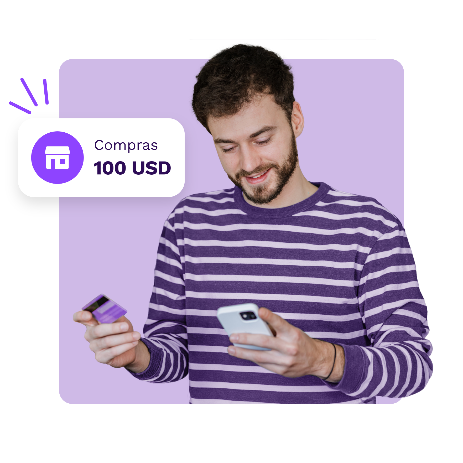 Hombre sonriendo mientras hace una compra con su tarjeta y celular usando dólares desde su cuenta Prex