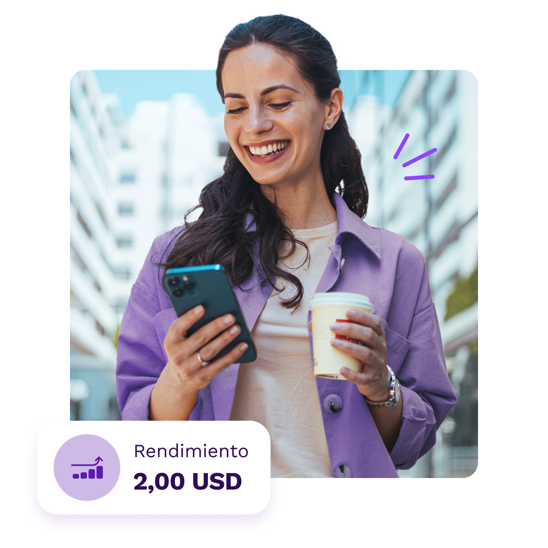 Mujer sonriente con celular y café revisando rendimientos en dólares desde la app de Prex