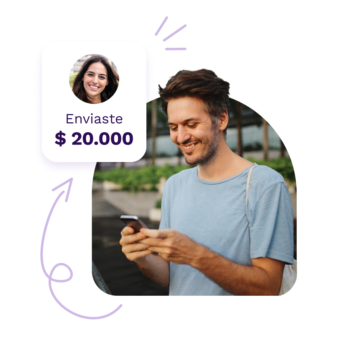 Hombre usando su celular para enviar $20.000 con Prex, acompañado de una tarjeta que muestra la transferencia