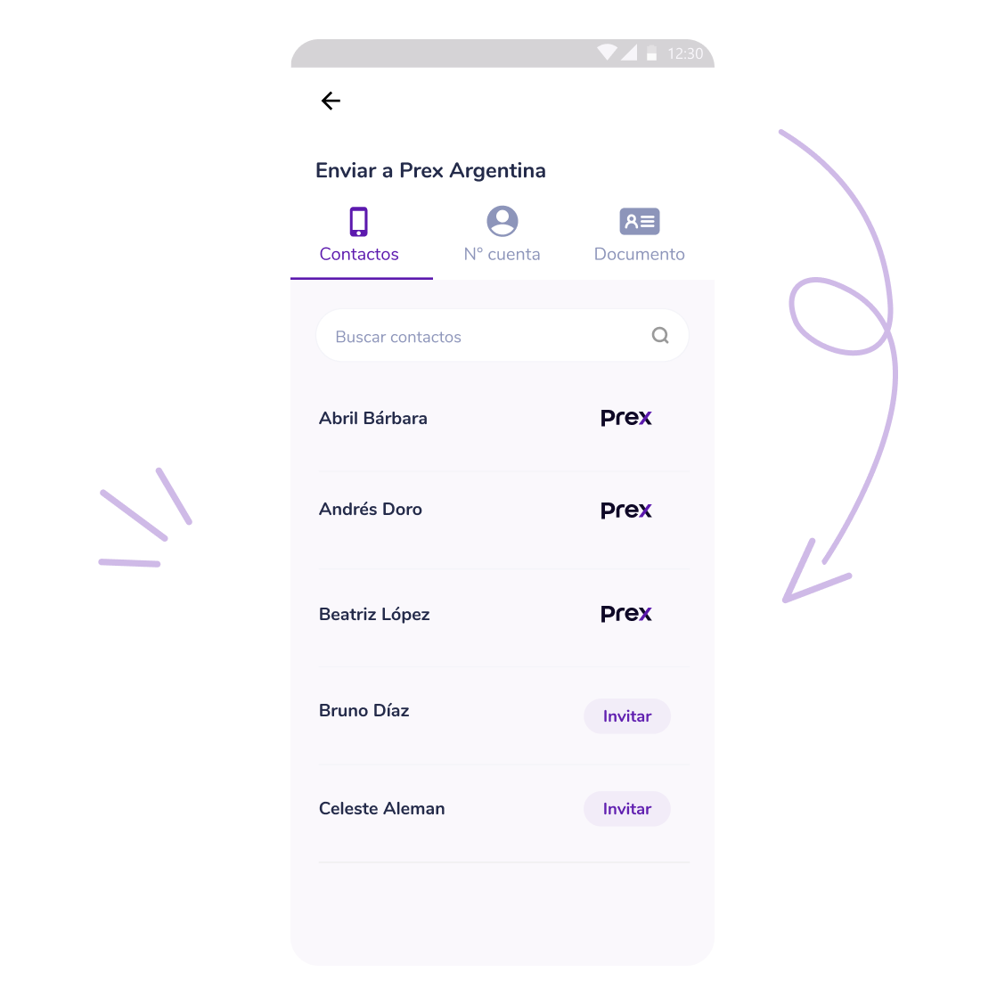 Pantalla del celular con contactos Prex para hacer una transferencia nacional desde la app